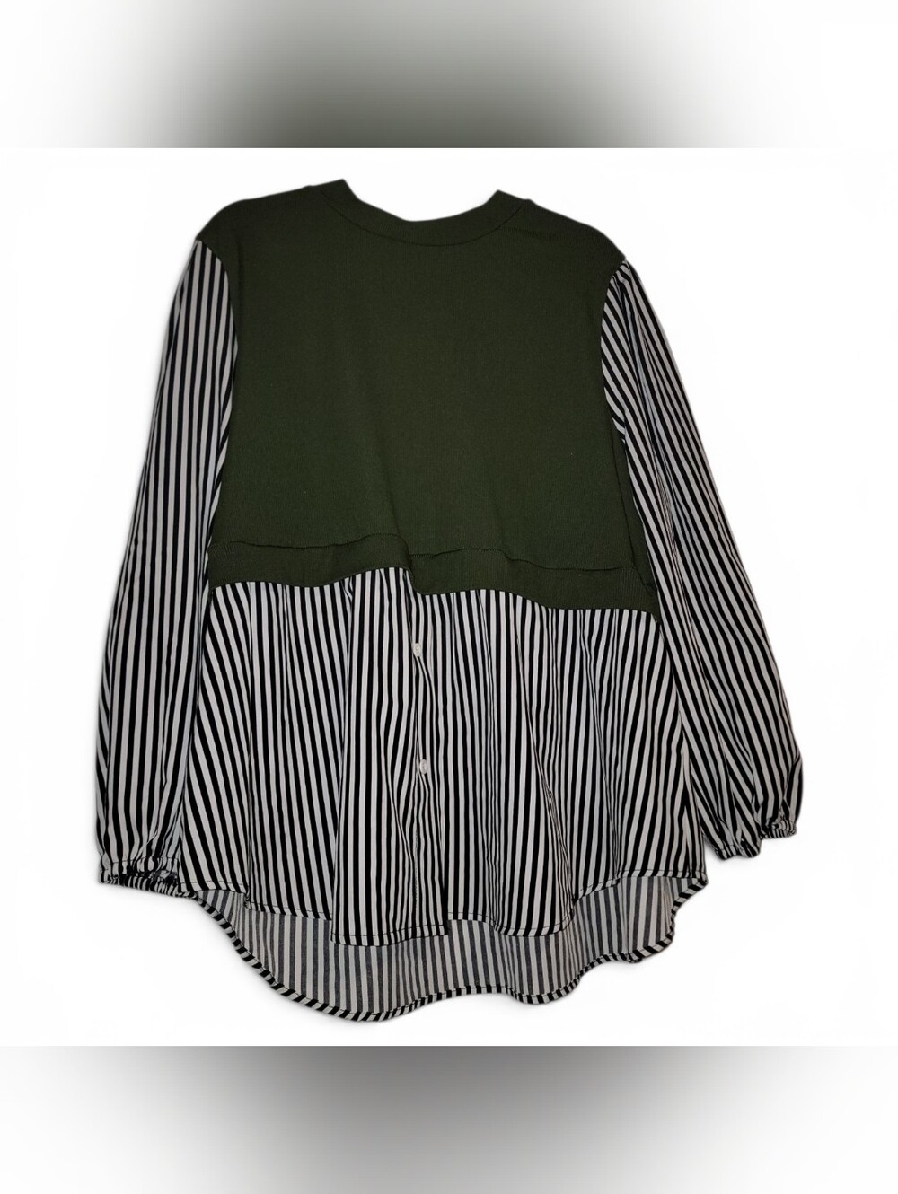 Striped Button-Back Blouse with Olive Knit